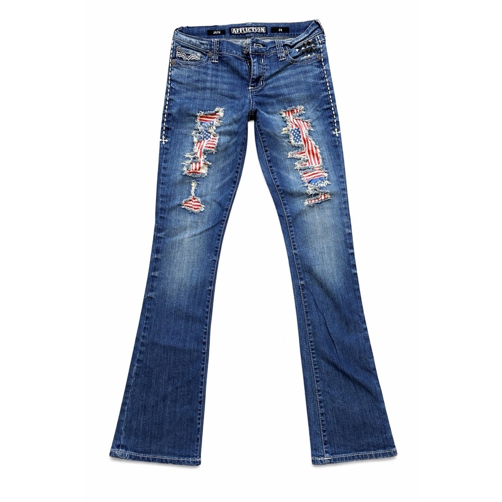 Affliction Women's Bootcut Jeans Blue‎ Distressed Studded USA Flag Denim